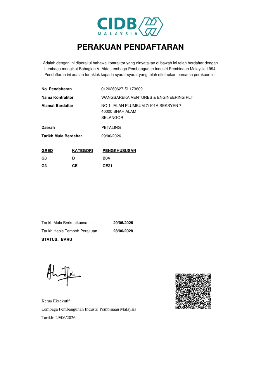 CIDB registration certificate, page 1: Wangsareka Ventures & Engineering PLT, registration 0120260627-SL173609; Grade G3, B / B04 and CE / CE21.